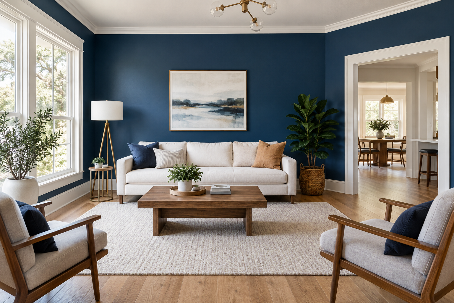 Design inspiration: a sunlit living room with a deep blue accent wall and crisp white trim